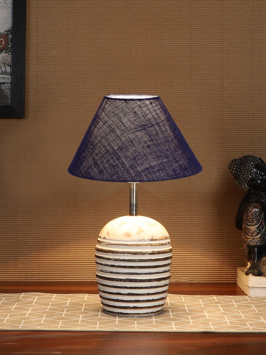 Devansh Blue & Brown Textured Wooden Table Lamp With Cotton Shade-picture-39