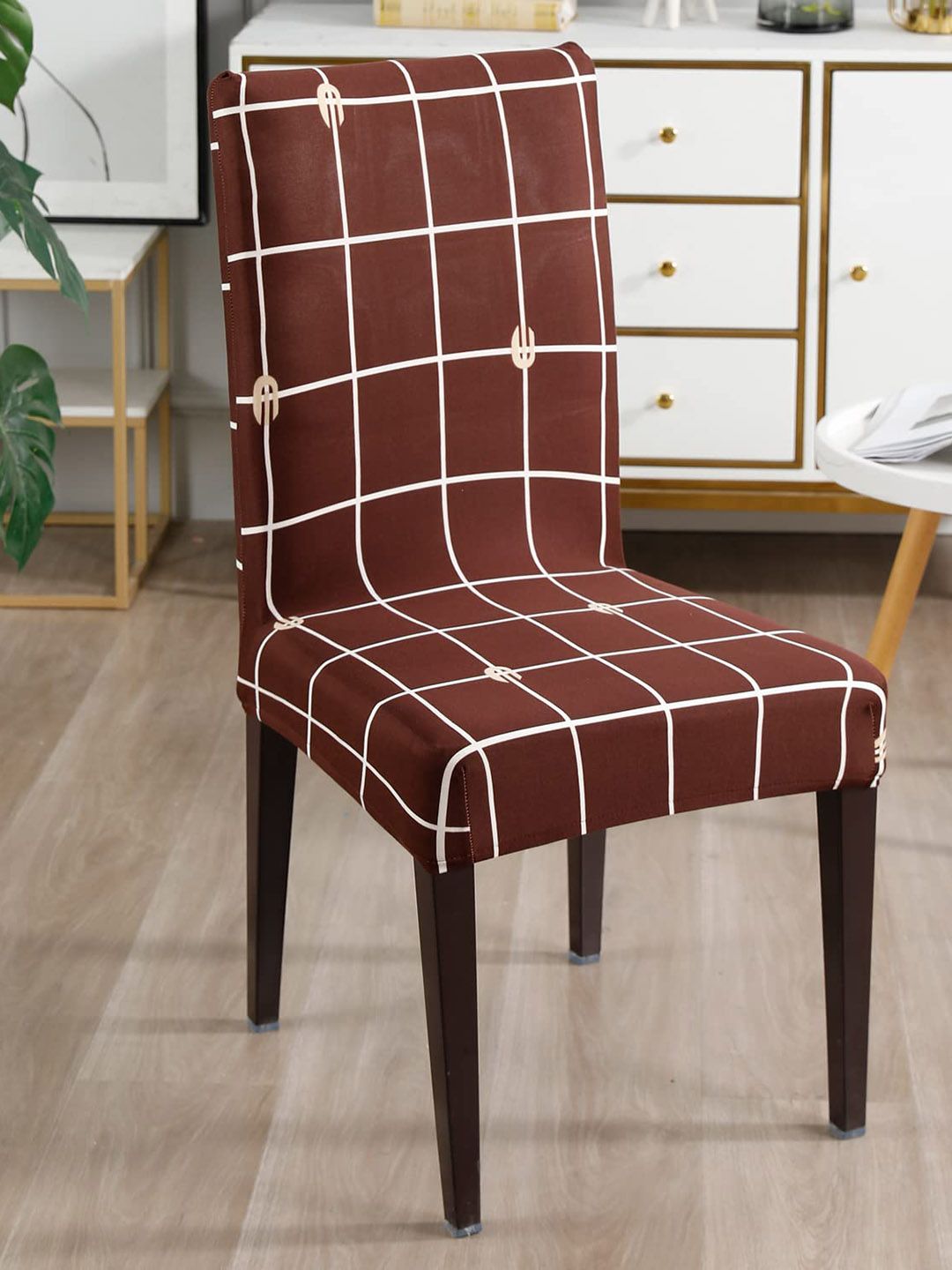 Dakshya Industries Brown & White 4 Pieces Checked Stretchable Chair Covers-picture-18