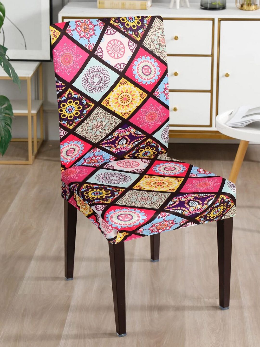 Dakshya Industries Pink & Brown 4 Pieces Printed Stretchable Chair Covers-picture-31