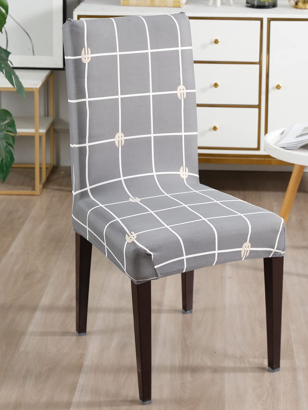 Dakshya Industries Grey & White 4 Pieces Checked Stretchable Chair Covers-picture-26