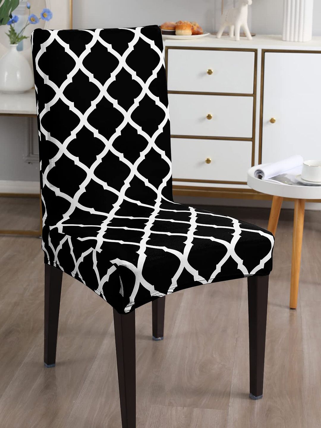 Dakshya Industries Black & White  4 Pieces Printed Stretchable Chair Covers-picture-14