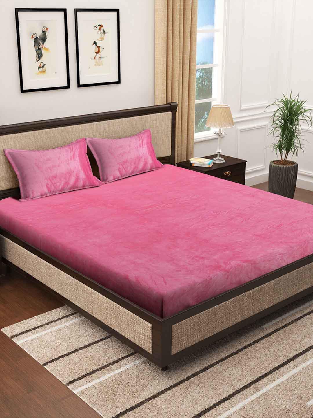KLOTTHE Pink 300 TC Woolen Double Bed Sheet With 2 Pillow Covers