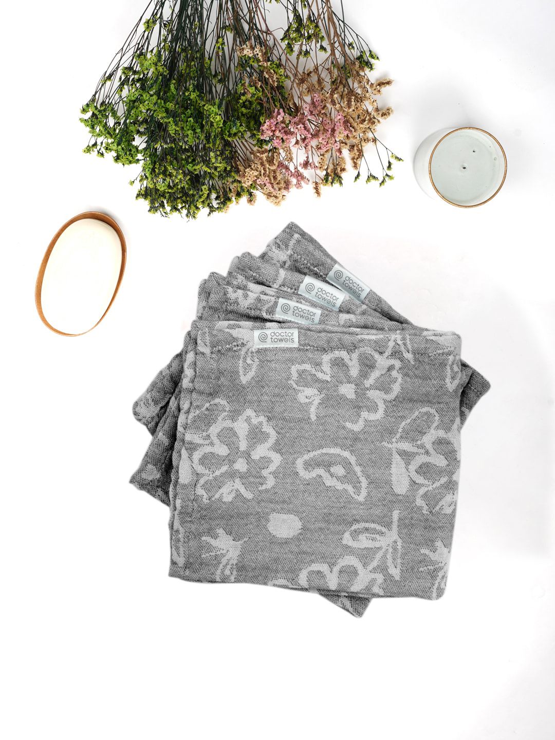 Doctor Towels Pack of 4 Charcoal Grey Floral Printed Banana Jacquard Face Towel-image-43
