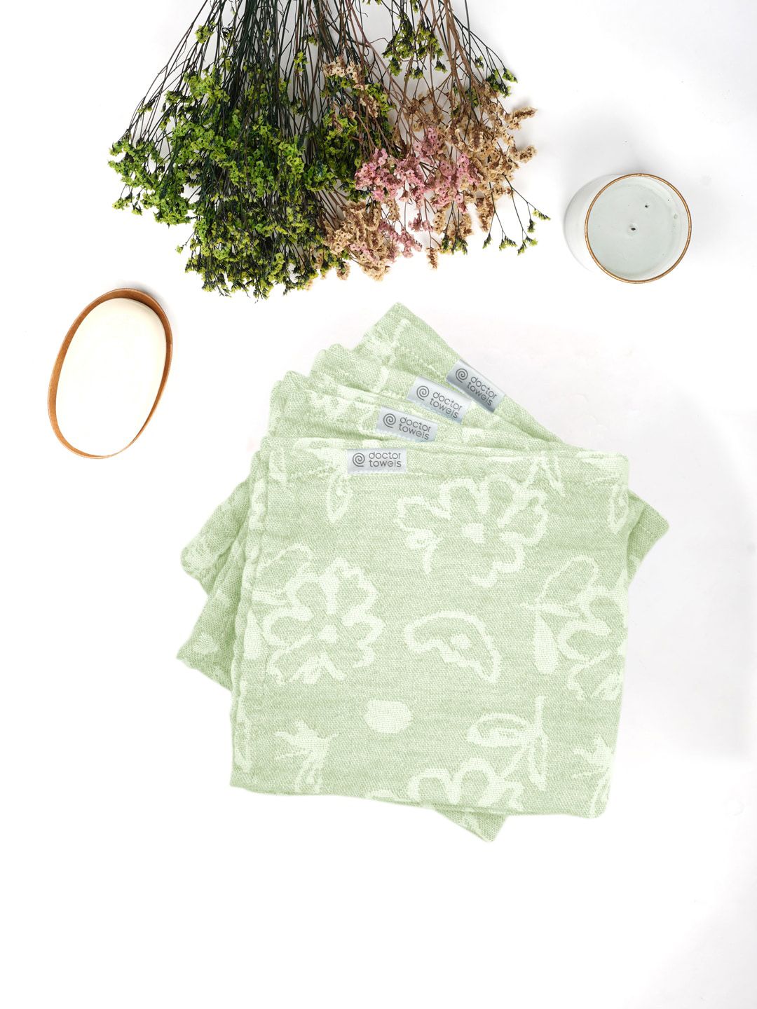 Doctor Towels 4 Pcs Green Floral Printed Banana Jacquard Floral Face Towels-image-14