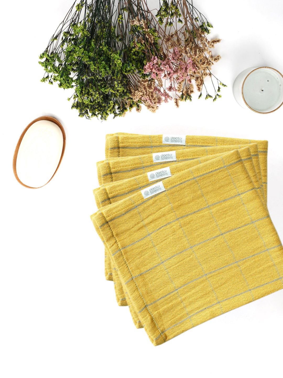 Doctor Towels 4 Pcs Mustard Yellow Checked Banana Double Cloth Face Towels-image-7