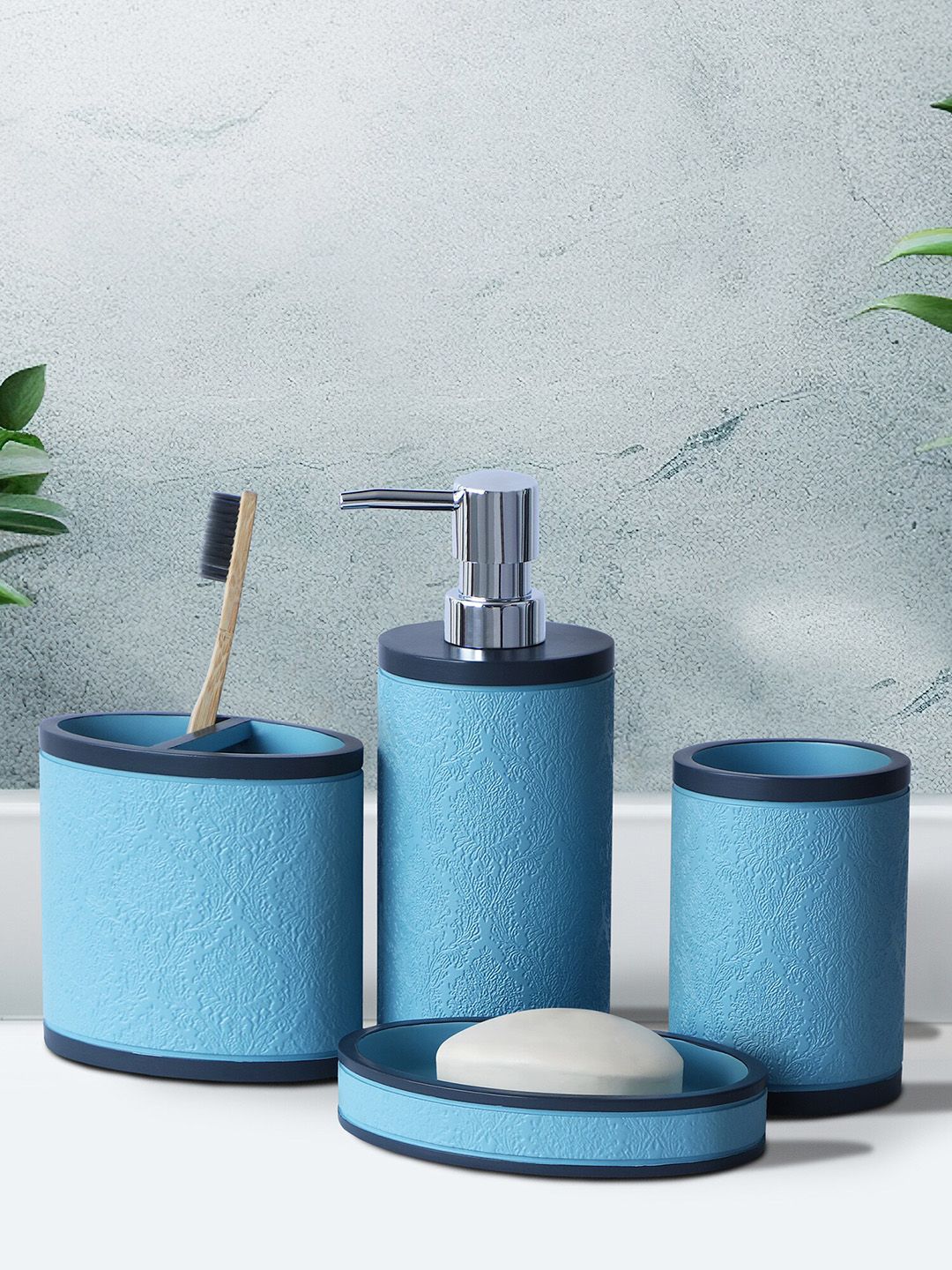 OBSESSIONS Teal Blue 4 Pieces Textured Bathroom Accessories Set-picture-13