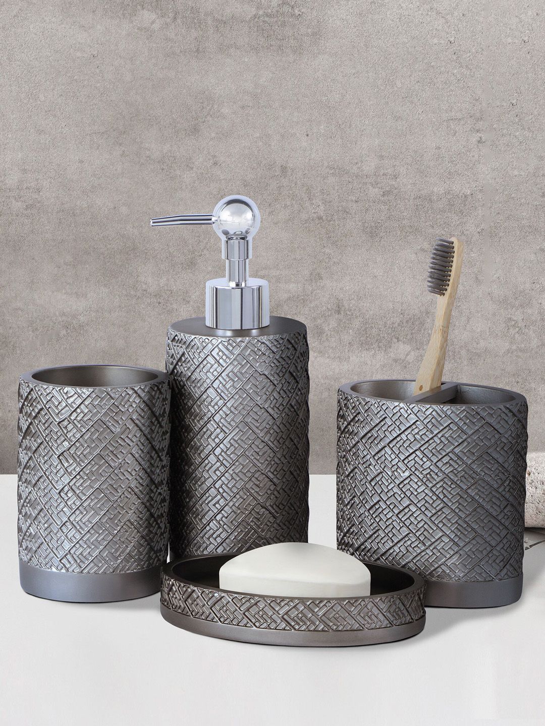 OBSESSIONS 4 Pcs Grey Textured Bathroom Accessories Set-image-35