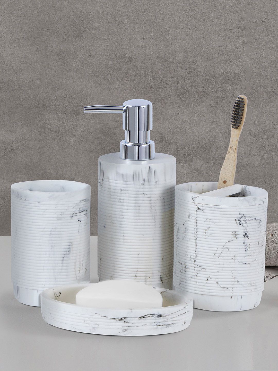 OBSESSIONS 4 Pcs White & Grey Marble Printed Bathroom Accessories Set-image-4