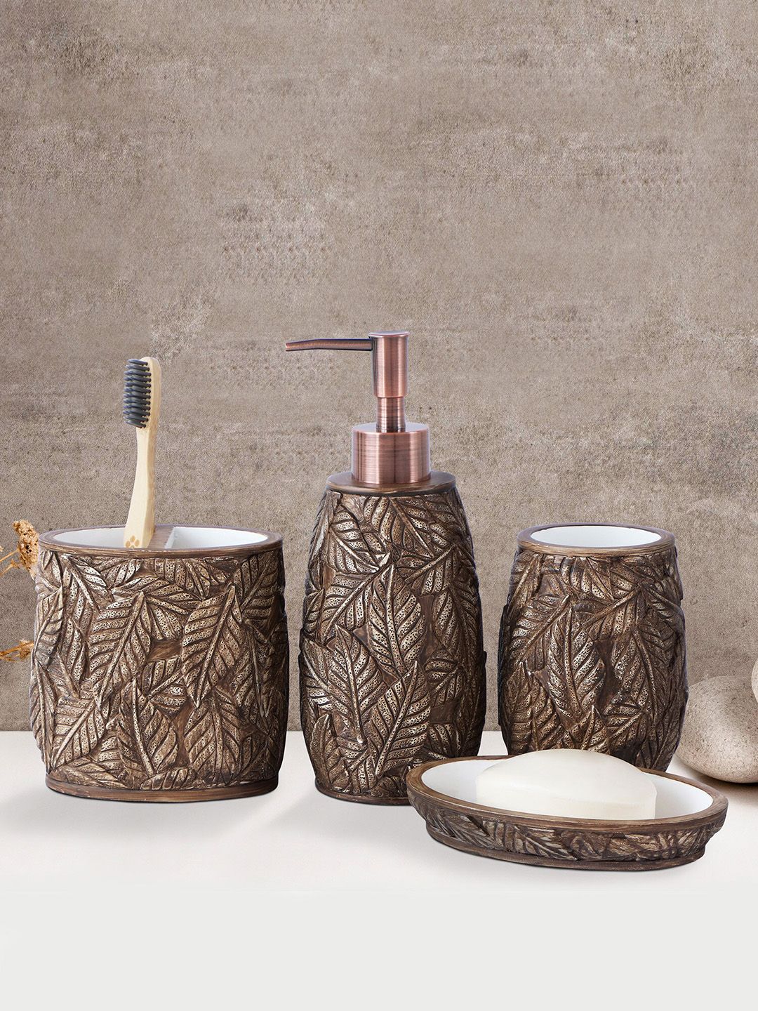 OBSESSIONS 4 Pcs Brown Textured Bathroom Accessories Set-image-33