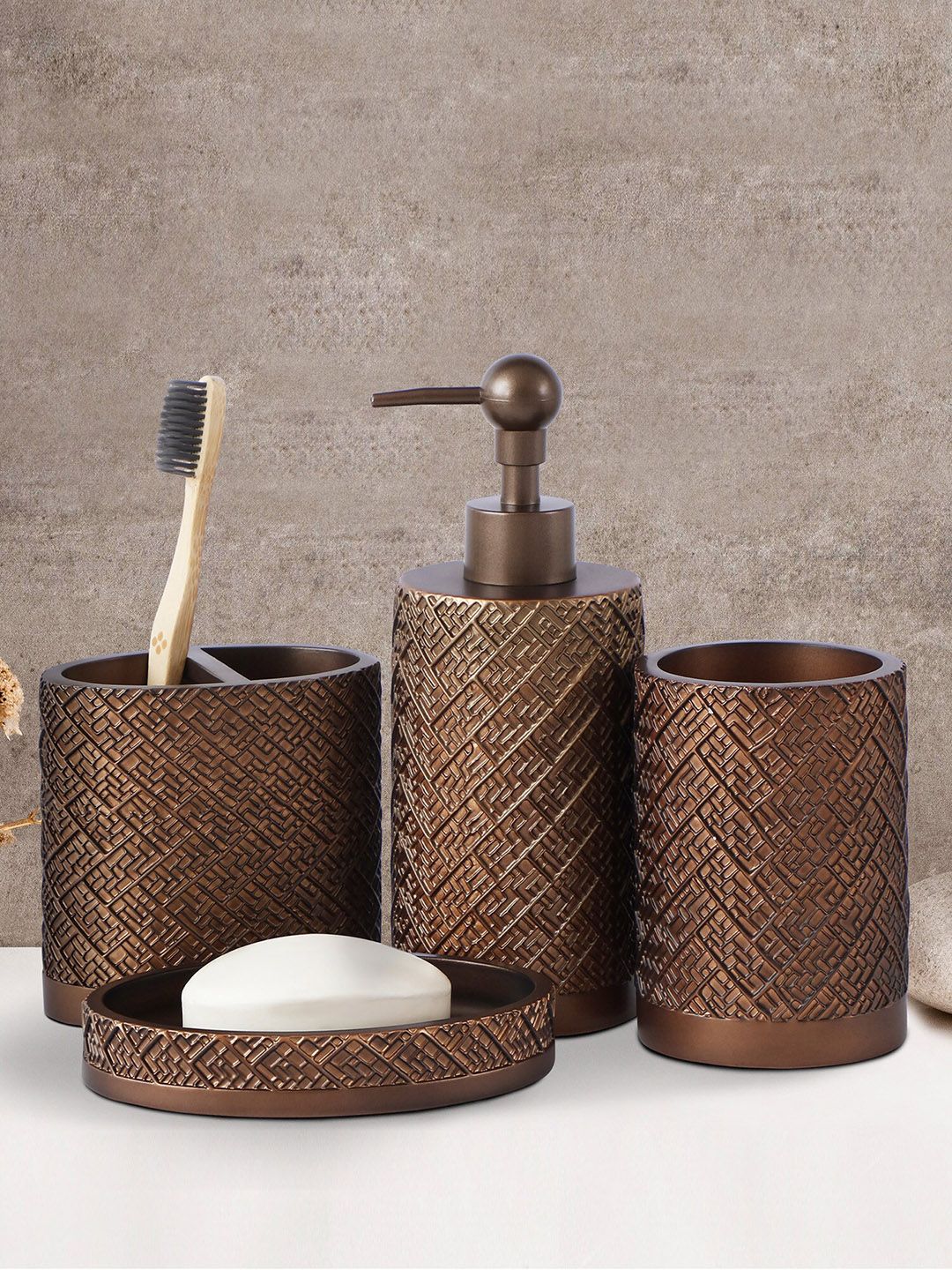 OBSESSIONS Brown 4 Pieces Textured Bathroom Accessories Set-picture-38