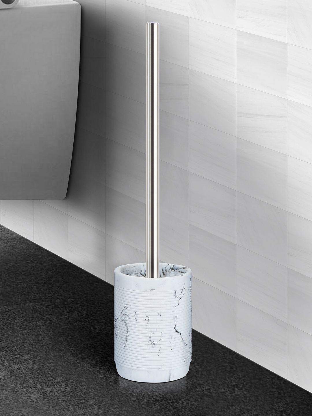 OBSESSIONS White & Grey 2 Pieces Marble Printed Toilet Brush & Holder-image-23