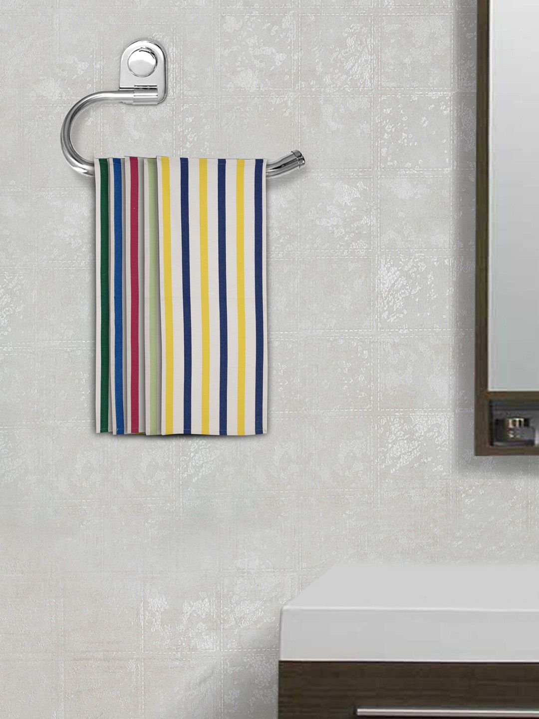 FABINALIV 5 Pcs White & Yellow Striped 350 GSM Cotton Hand Towels-picture-12