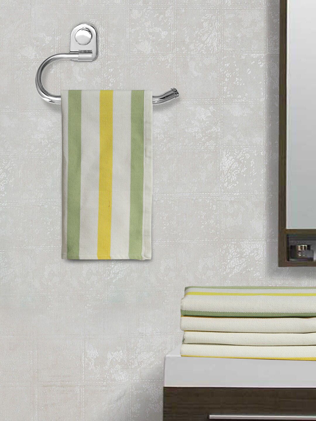 FABINALIV 5 Pcs White & Green Striped 350 GSM Cotton Hand Towels-image-18