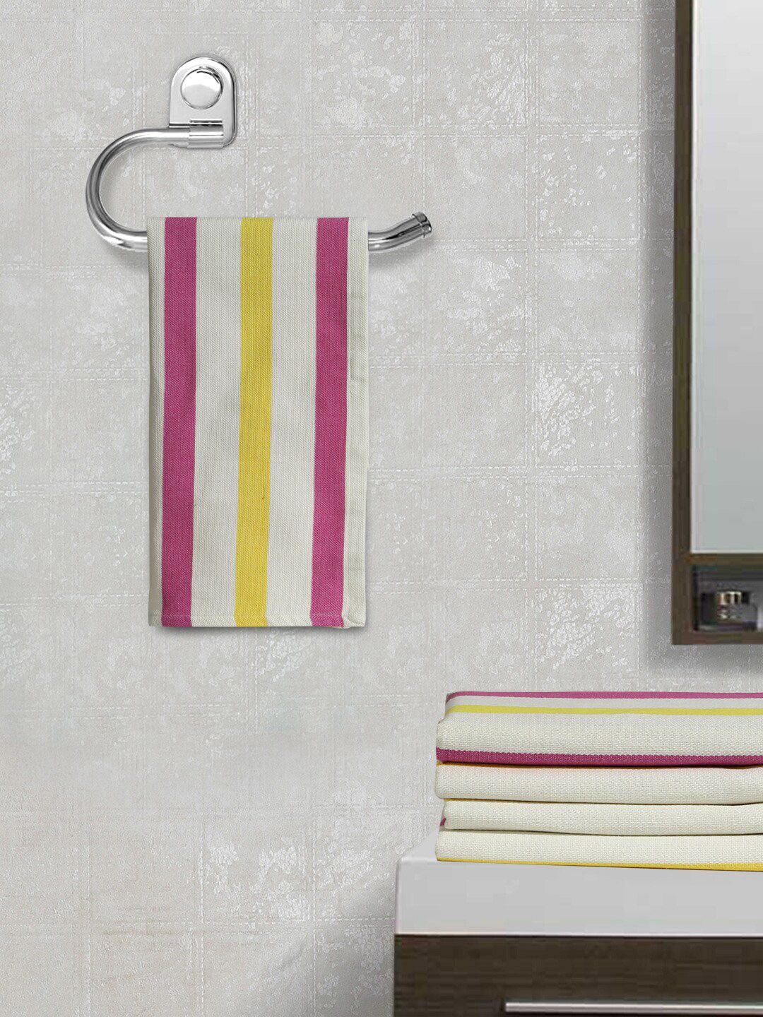 FABINALIV 5 Pcs White & Pink Striped 350 GSM Cotton Hand Towels-image-33