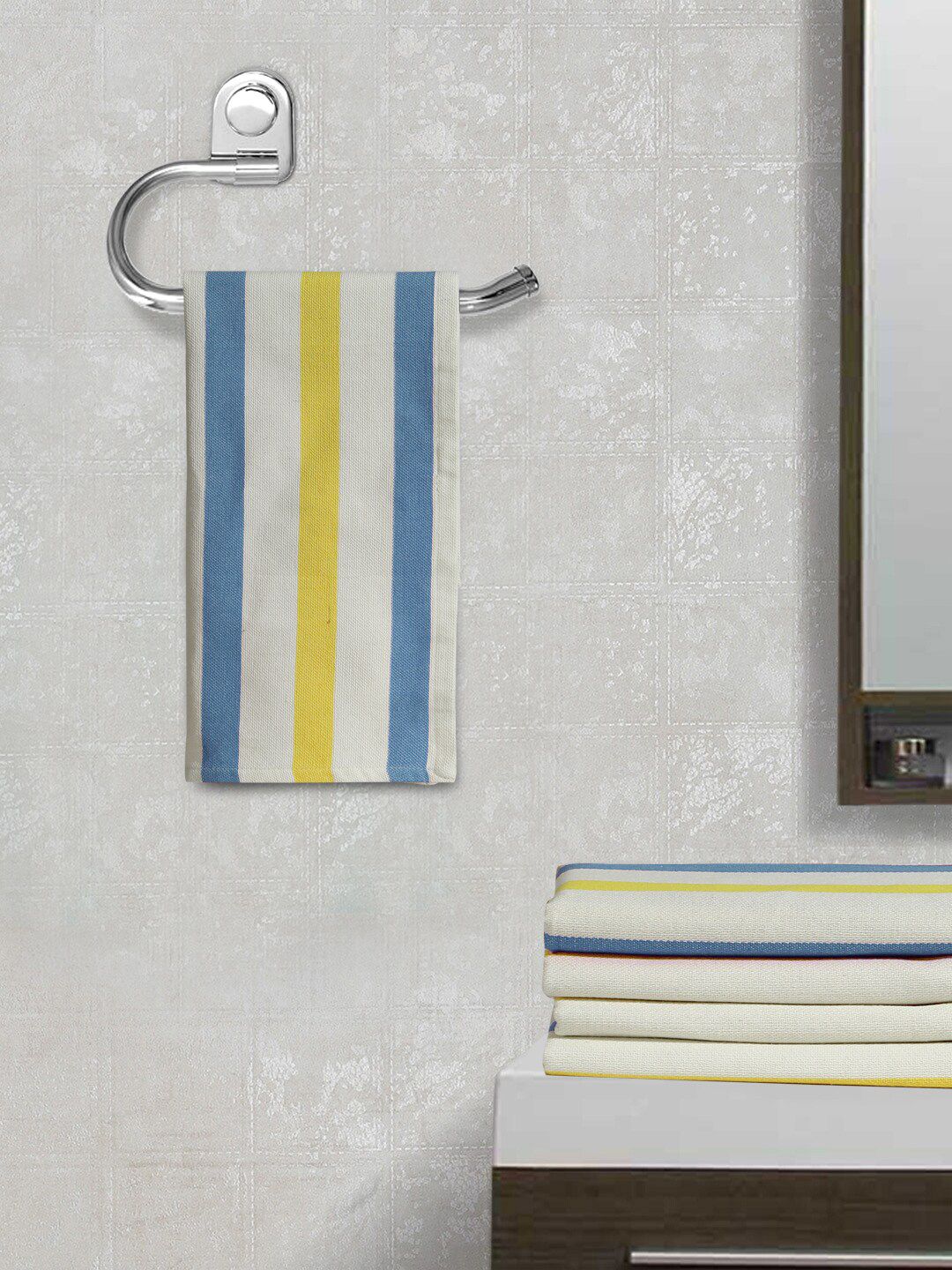 FABINALIV 5 Pcs White & Blue Striped 350 GSM Cotton Hand Towels-image-35