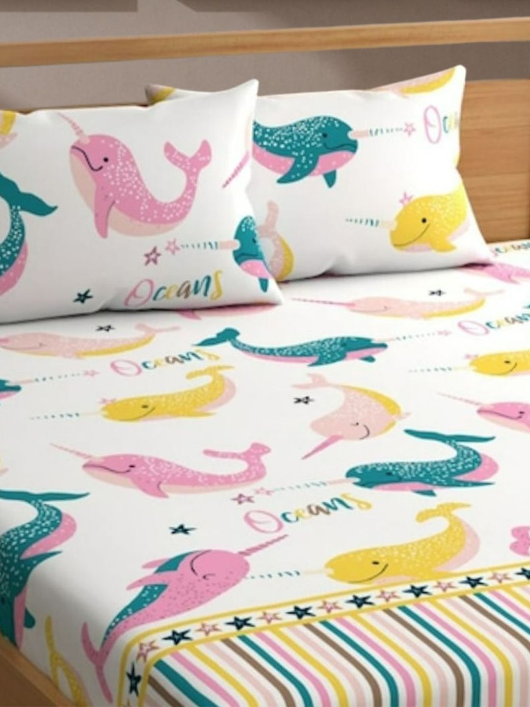 Bajo's White & Pink Conversational Cotton 250 TC Fitted King Bedsheet with 2 Pillow Covers-picture-33