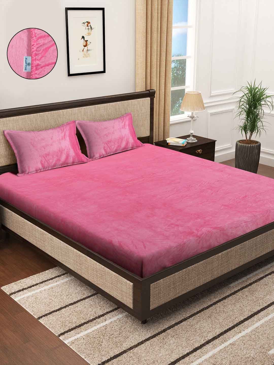 KLOTTHE Pink 300 TC Woolen Fitted King Bedsheet With 2 Pillow Covers-picture-17