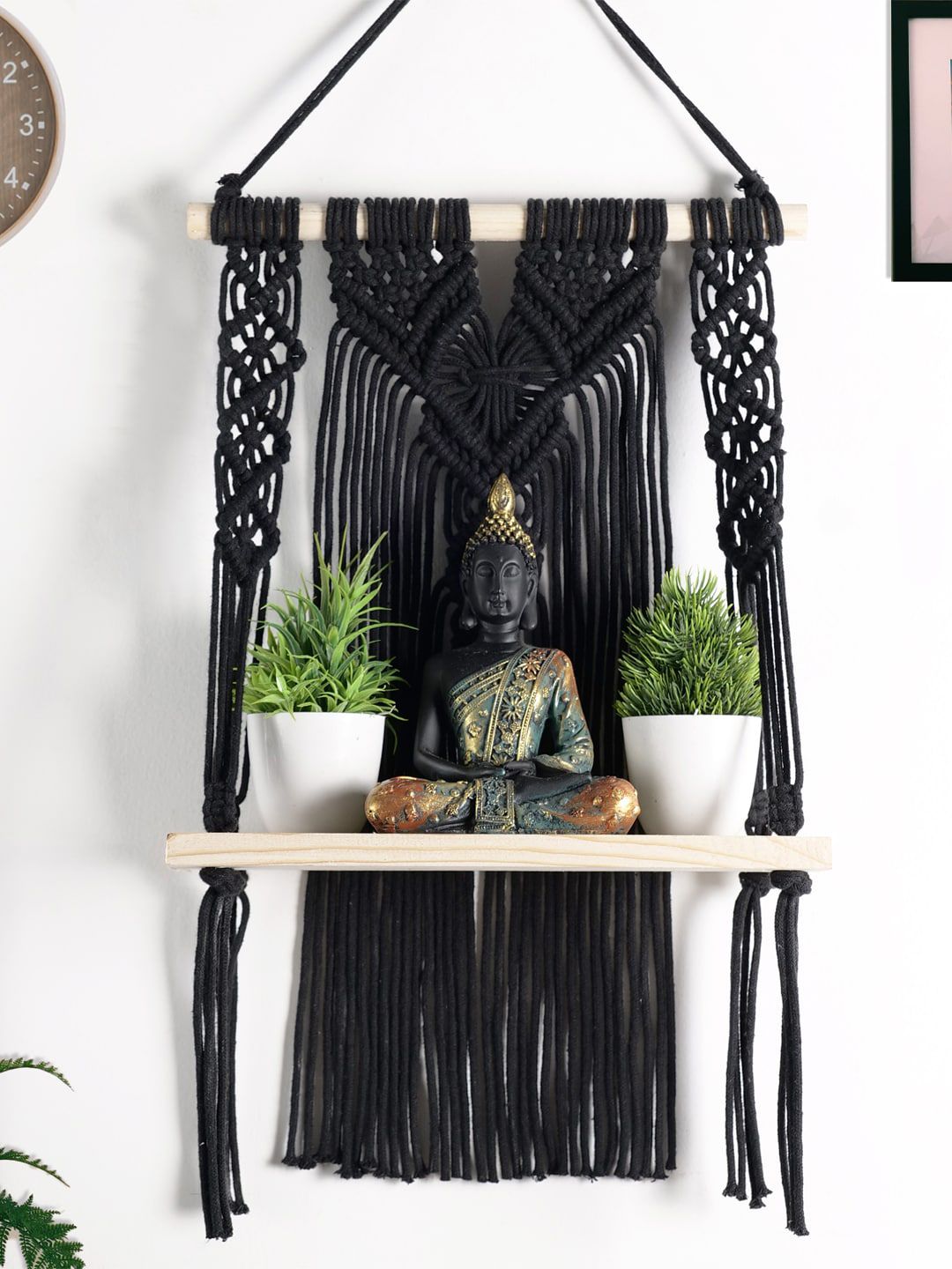 Decazone Black Wood Macrame Wall Shelf