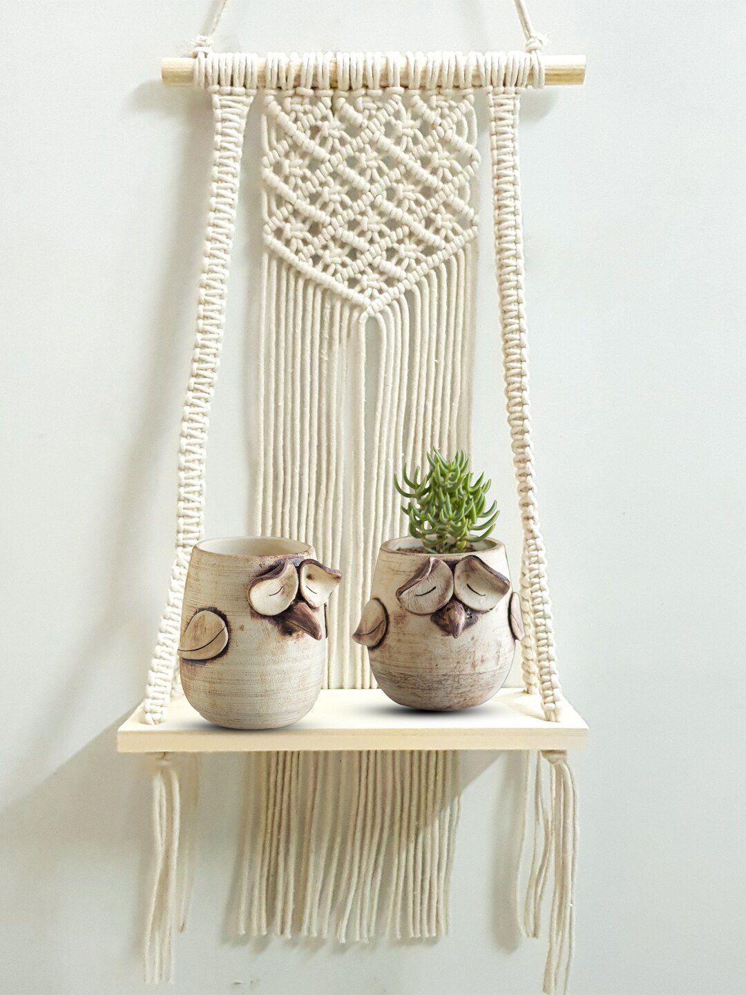 Decazone Beige Wood Macrame Wall Shelf-picture-45