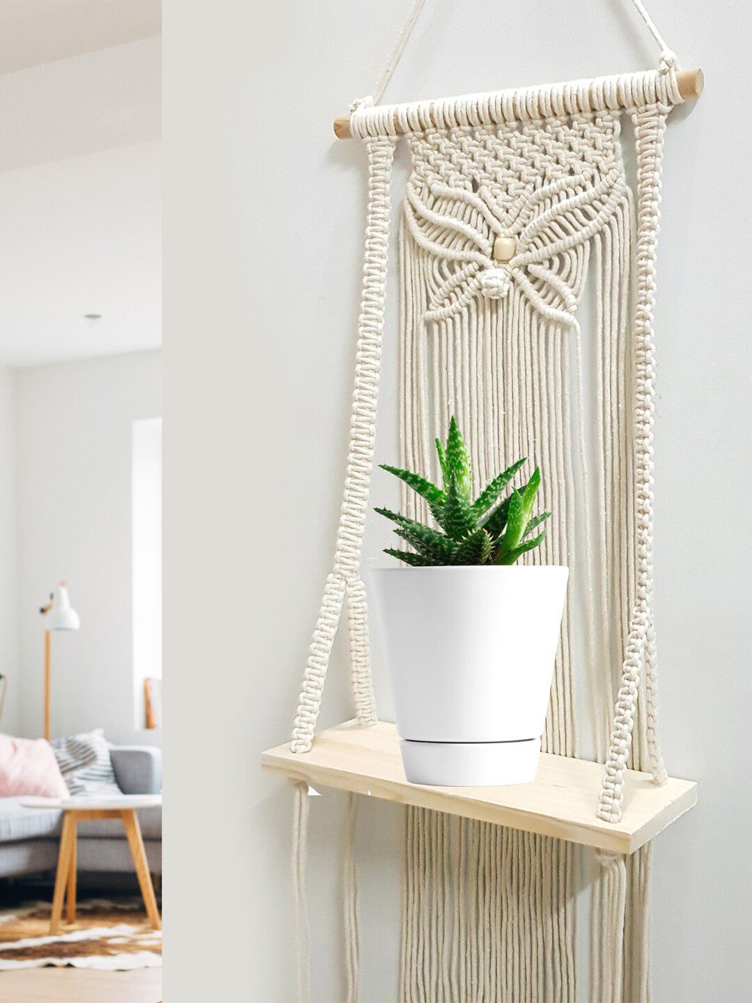 Decazone Beige Wood Cotton Macrame Wall Shelf-picture-13