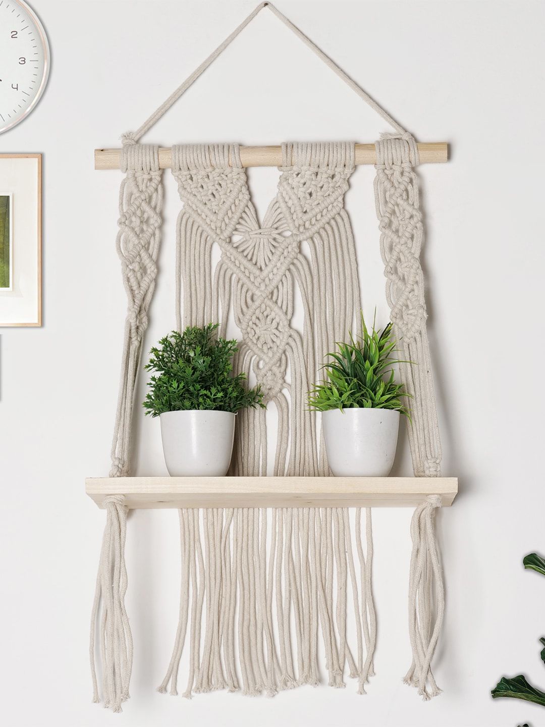 Decazone Beige Wood Macrame Wall Hanging Shelf-picture-10
