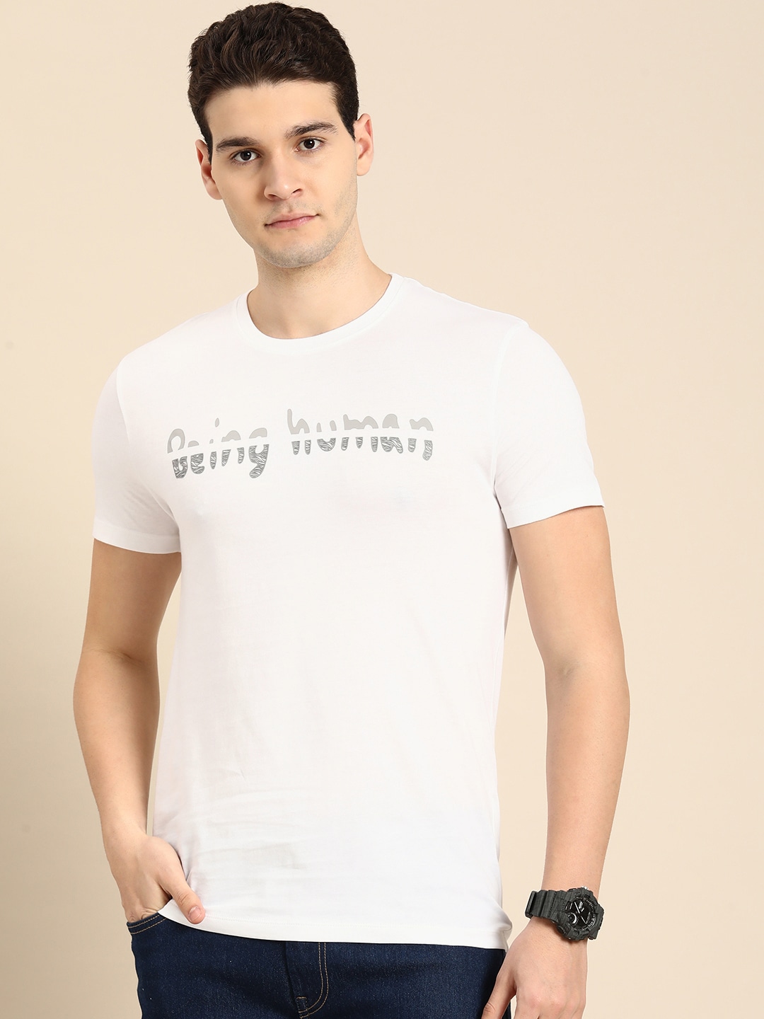 Being Human Men Brand Logo Printed Pure Cotton T-shirt