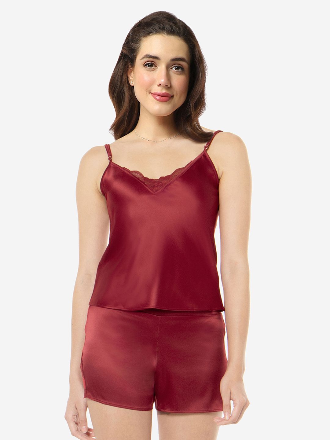 Amante V-Neck Lightly Padded Lace Detail Satin Camisole-picture-53