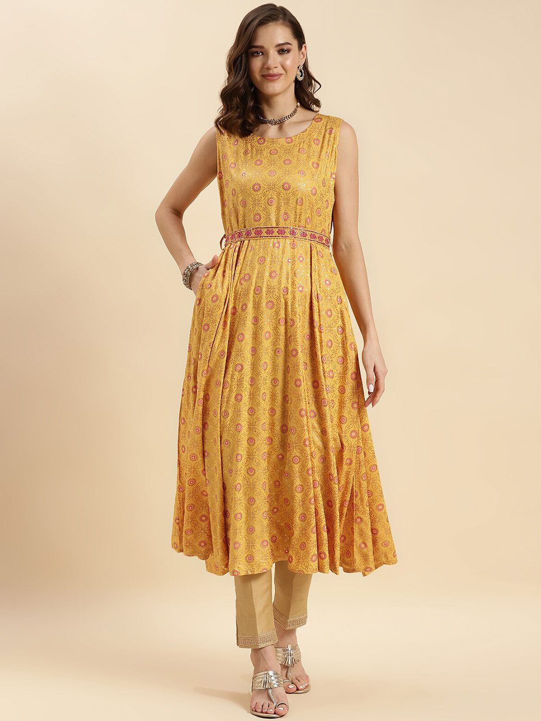 Rangita Ethnic Motifs Printed Sleeveless Anarkali Kurta With Embroidered Belt-picture-28