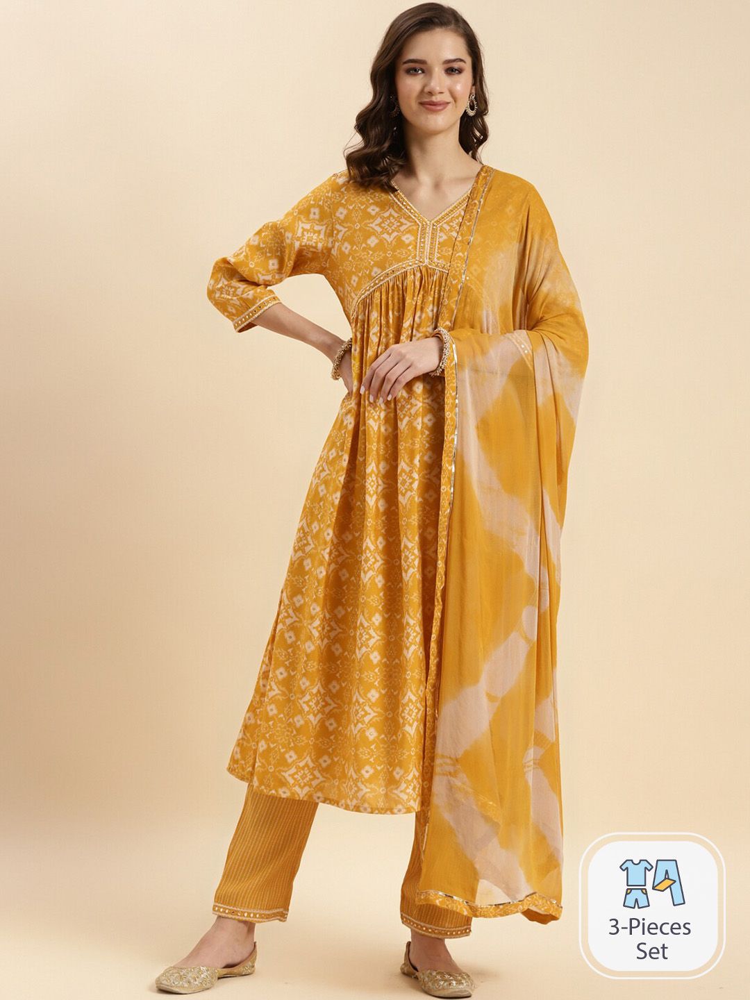 Rangita Ethnic Motifs Printed Mirror Work Anarkali Kurta With Trousers & Dupatta-picture-22