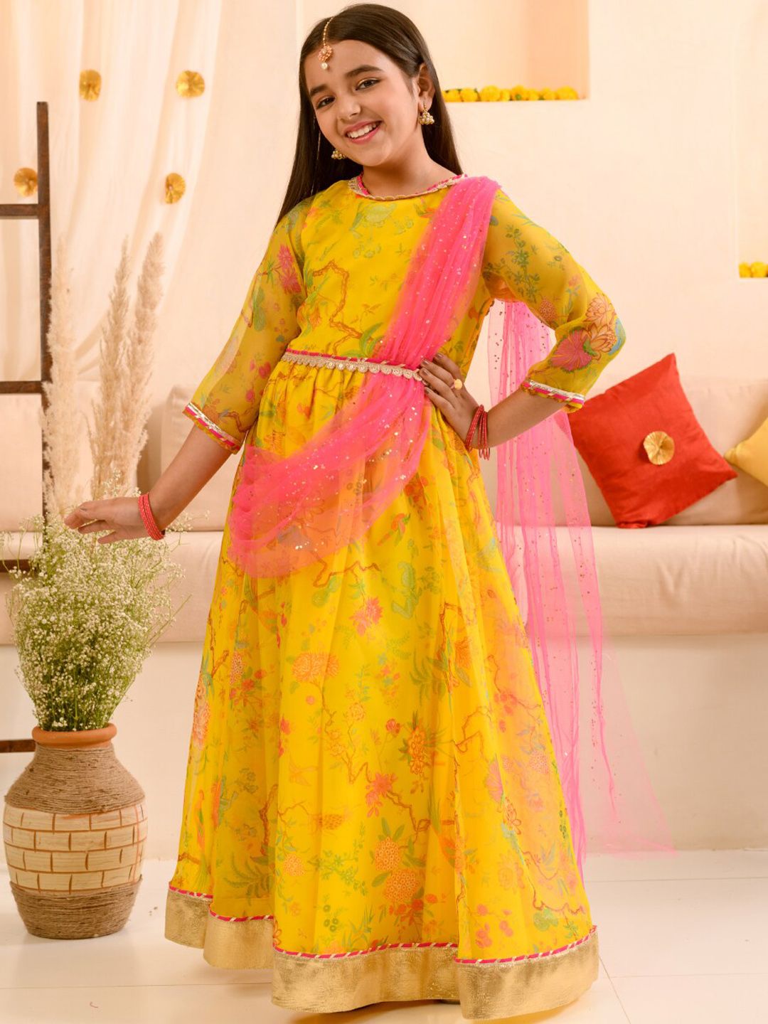 pspeaches Girls Printed Fit & Flare Maxi Ethnic Dress With Dupatta & Waist Belt-picture-38