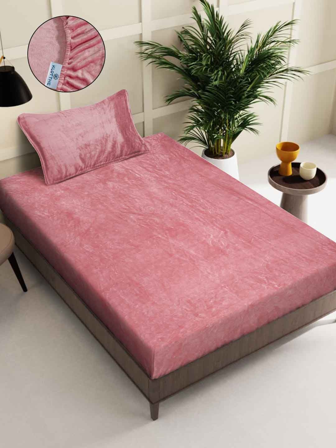 KLOTTHE Rust-Pink Woollen 300TC Fitted Single Bedsheet With Pillow Cover-image-48