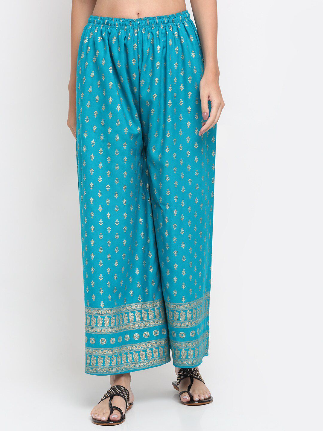 Trend Level Women Sea Green & Gold-Toned Ethnic Motifs Printed Flared Palazzos-picture-10
