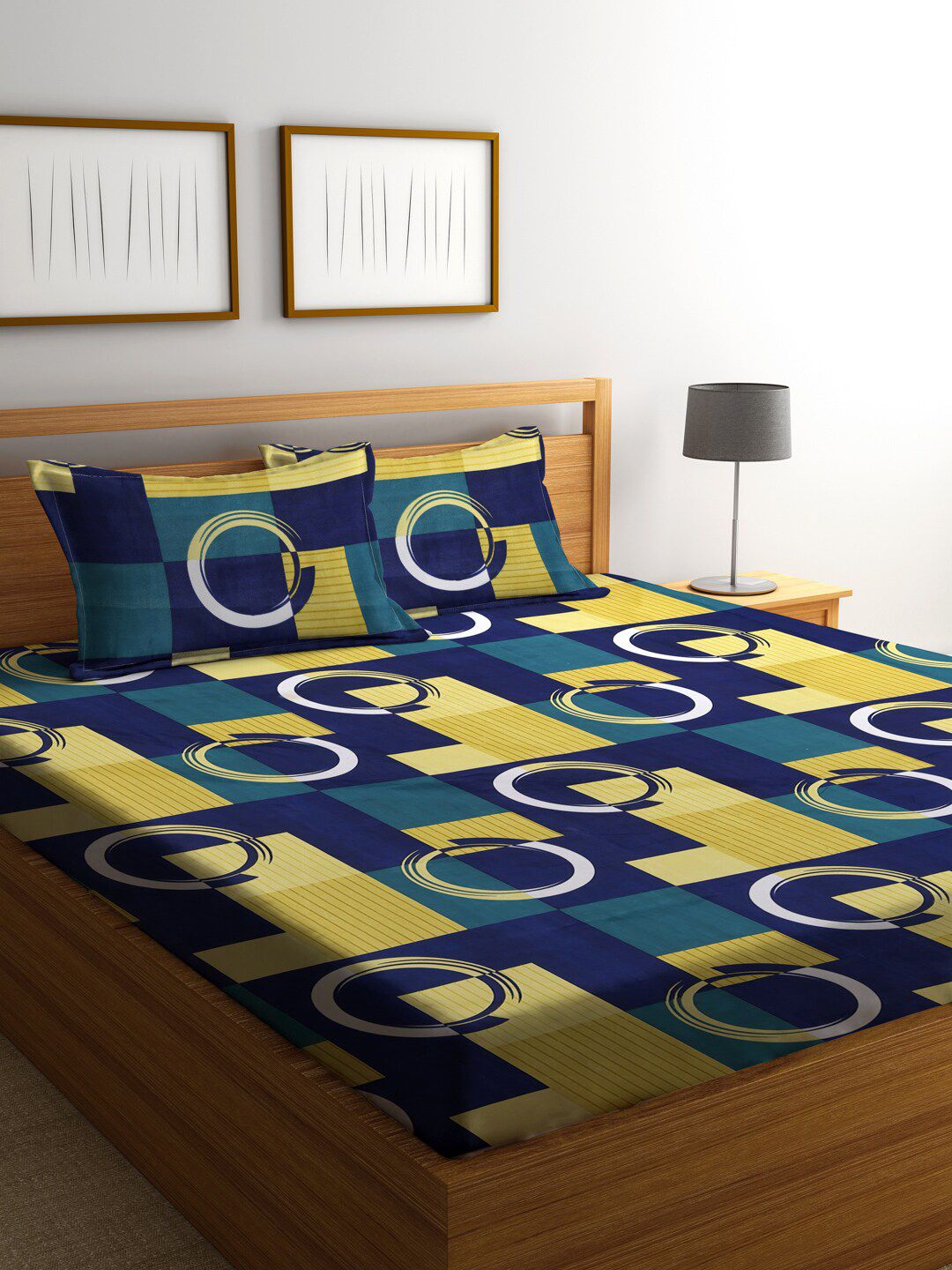 Fashion String Yellow & Blue Geometric Microfiber 144 TC Queen Bedsheet & 2 Pillow Covers-image-41
