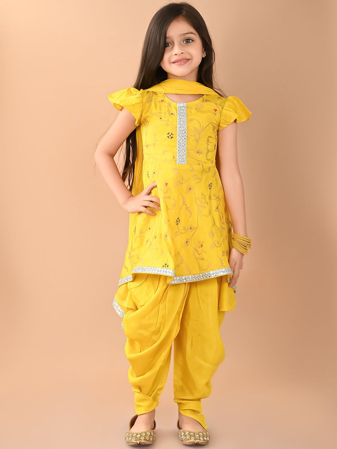 LilPicks Girls Floral Woven Design Gotta Patti Raw Silk Kurta With Dhoti Pants & Dupatta-picture-52