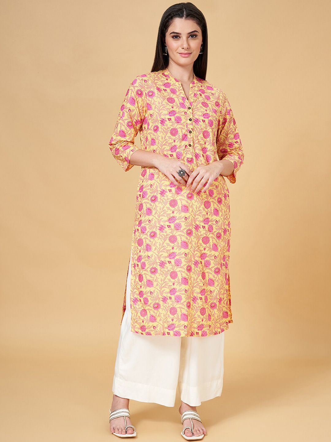 RANGMANCH BY PANTALOONS Floral Printed Mandarin Collar Straight Kurta-picture-35