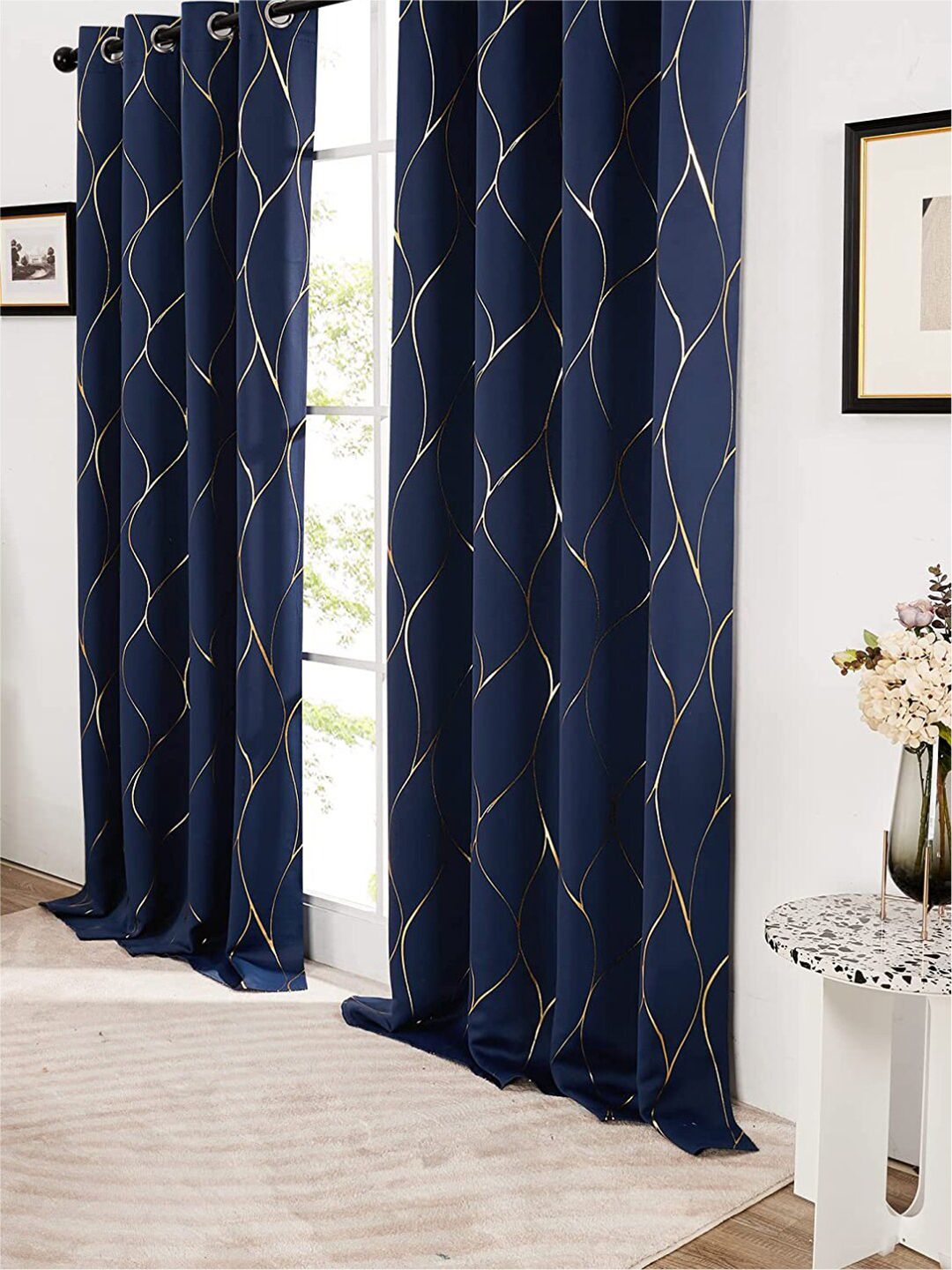 URBAN SPACE Navy Blue & Gold-Toned Printed Black Out Long Door Curtain-image-40