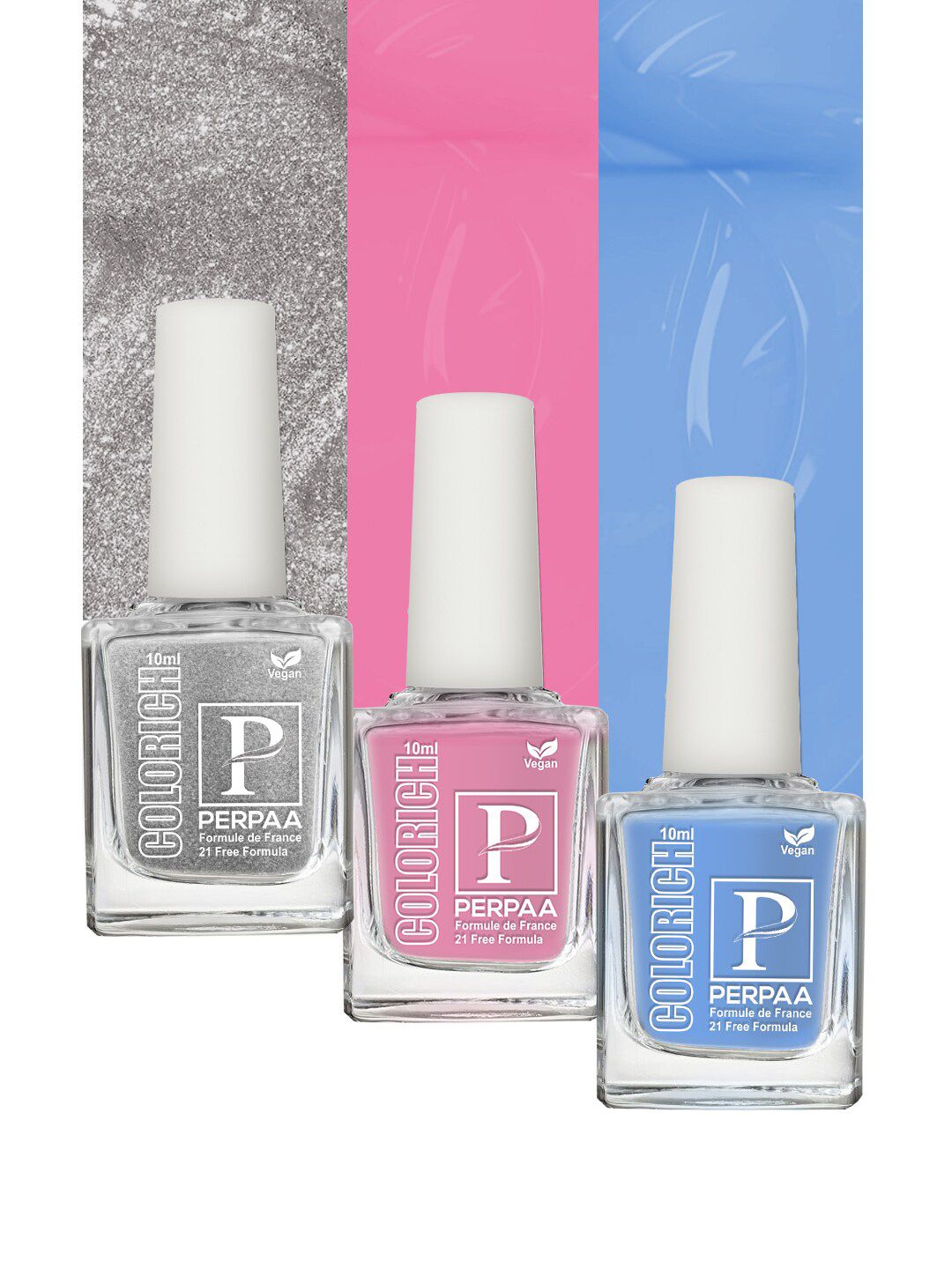 PERPAA Colorich Set3 French Formula Nail Polishe-10mlEach-Baby Pink,IceBlue,Texture Silver-image-44