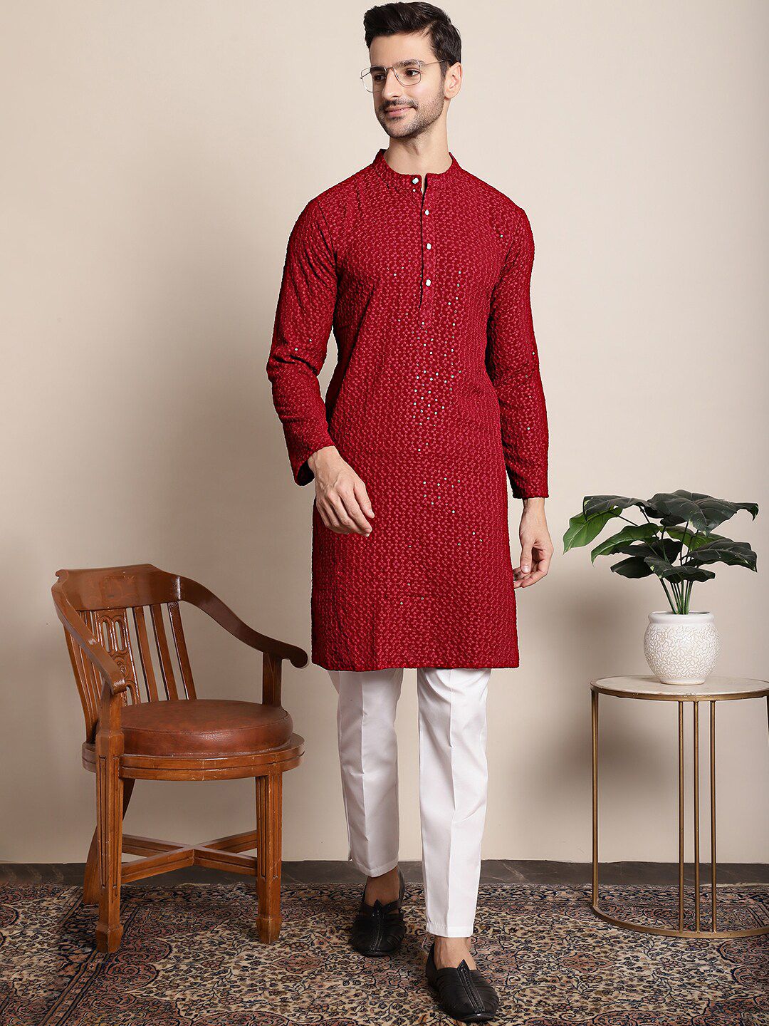 Anouk Men Maroon Floral Embroidered Regular Sequinned Pure Cotton Kurta with Pyjamas-picture-16