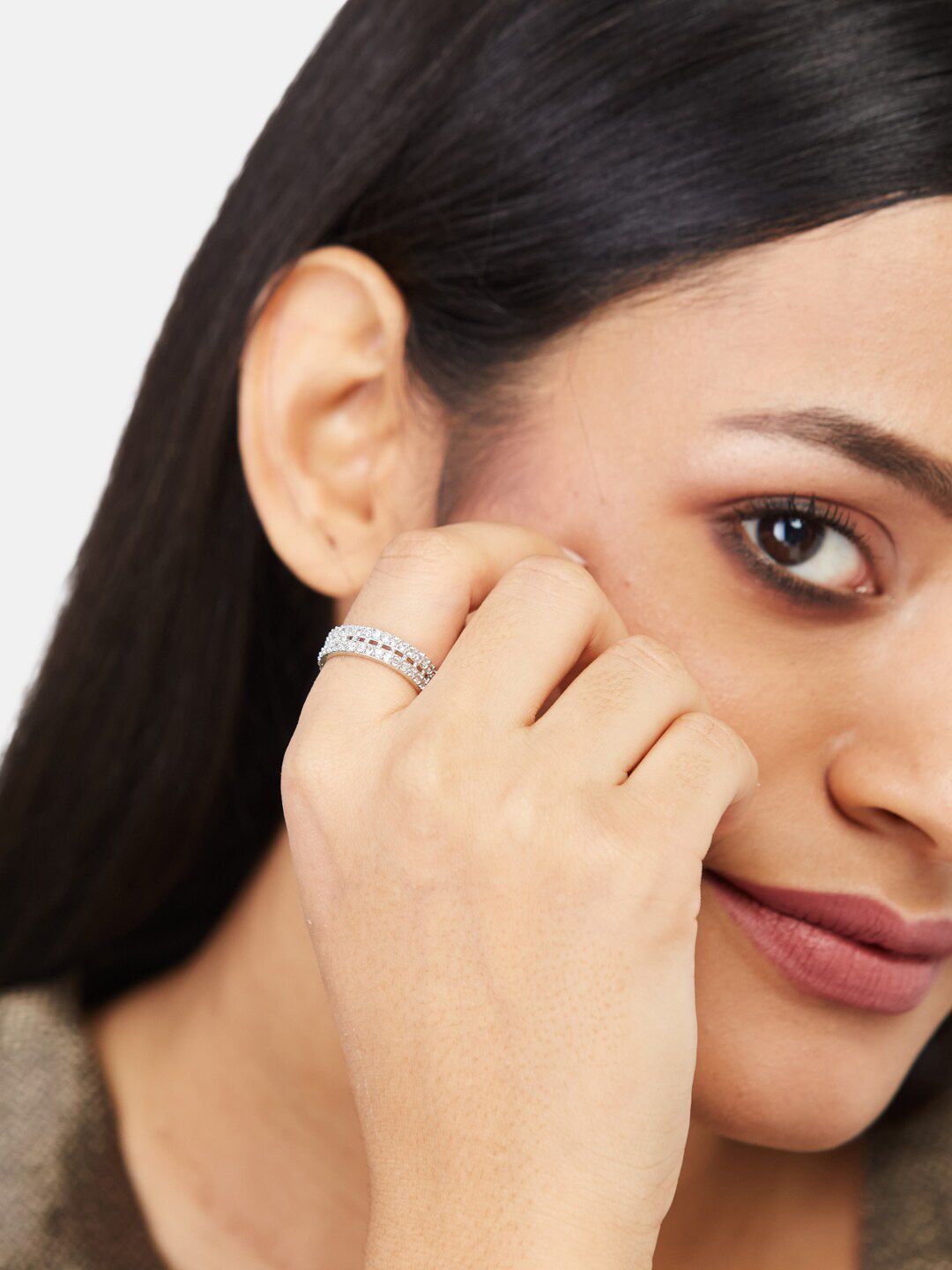 ATIBELLE Rhodium-Plated Cubic Zirconia-Studded Ring