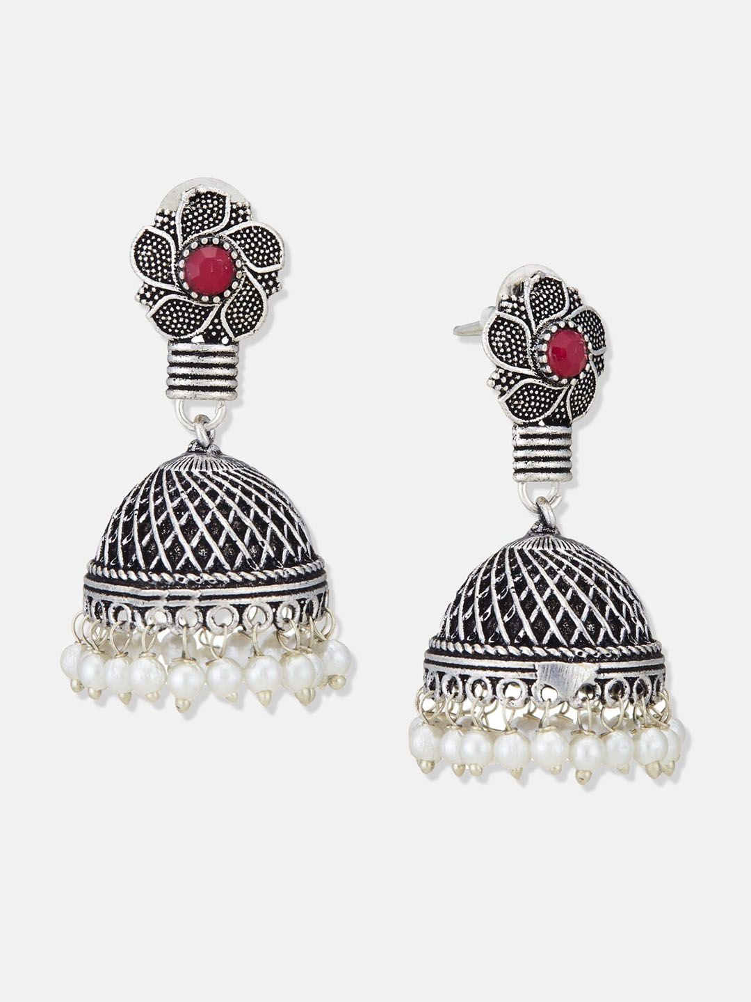 ATIBELLE German Silver Silver Plated Artificial Stones Oxidised Contemporary Jhumkas