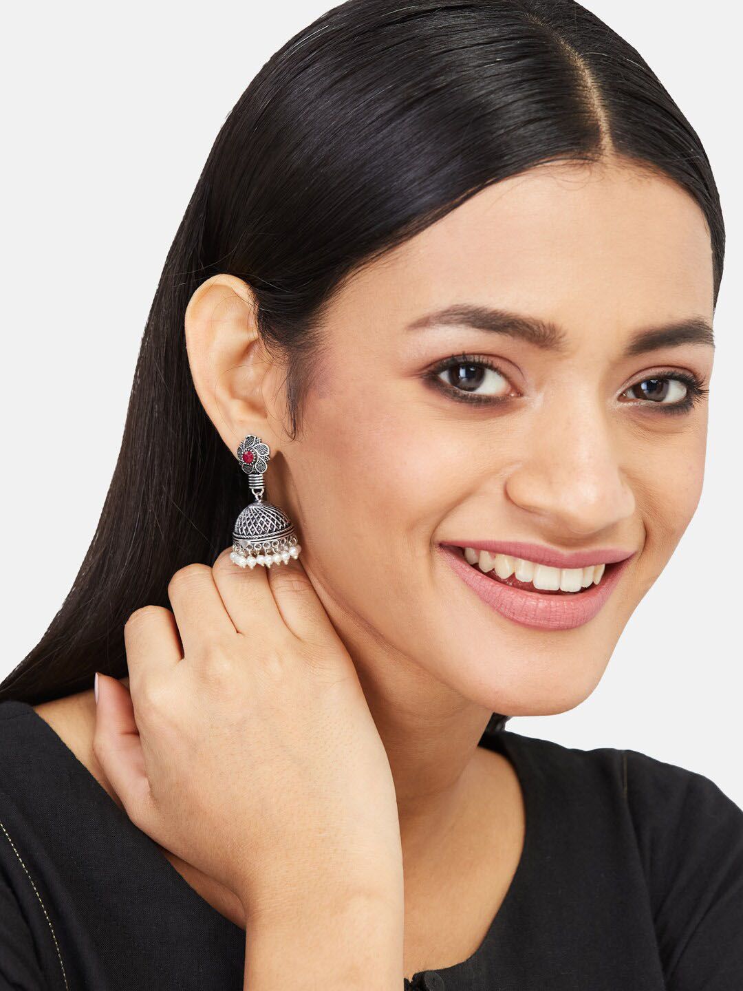 ATIBELLE German Silver Silver Plated Artificial Stones Oxidised Contemporary Jhumkas
