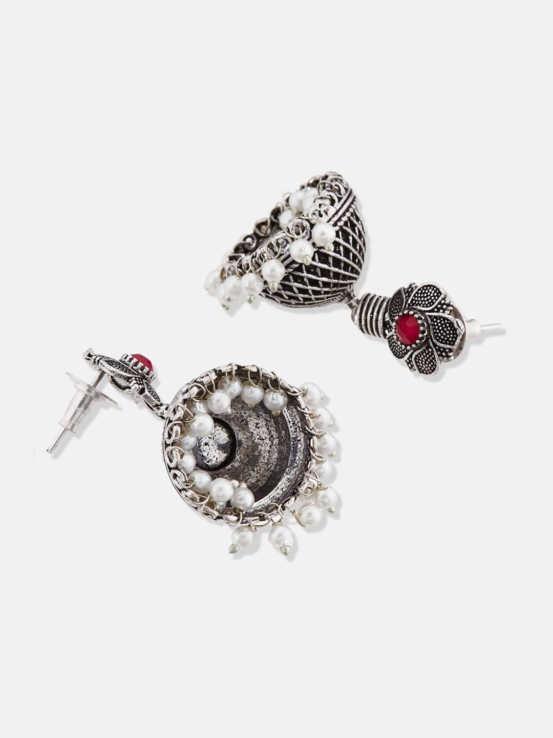 ATIBELLE German Silver Silver Plated Artificial Stones Oxidised Contemporary Jhumkas