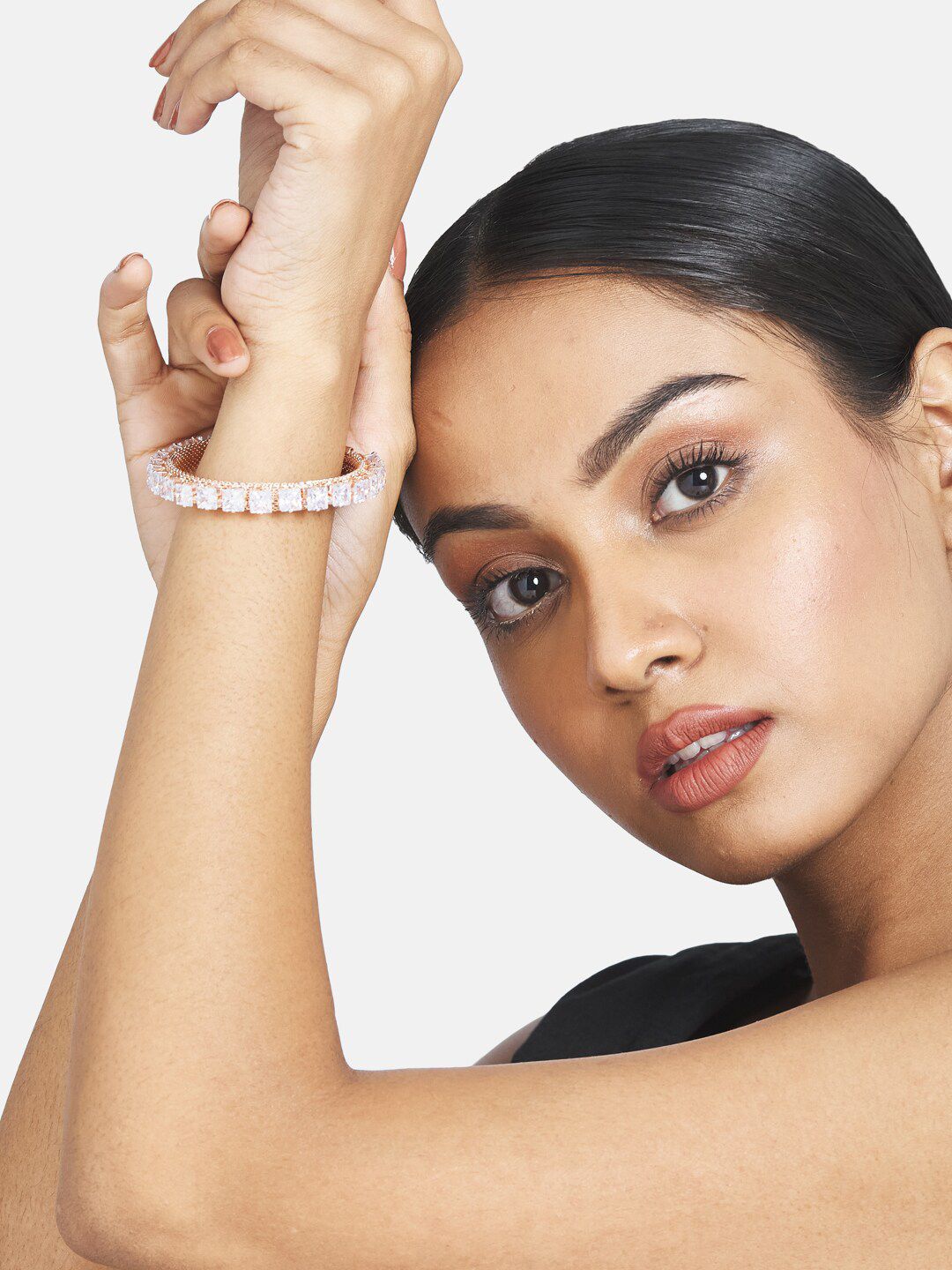ATIBELLE Set Of 2 Rose Gold-Plated Cubic Zirconia Bangle-Style Bracelet