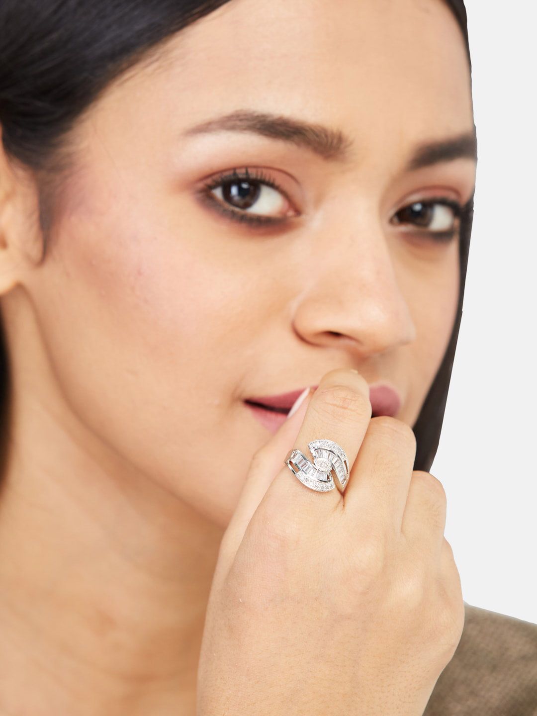 ATIBELLE Rhodium-Plated CZ-Studded Finger Ring