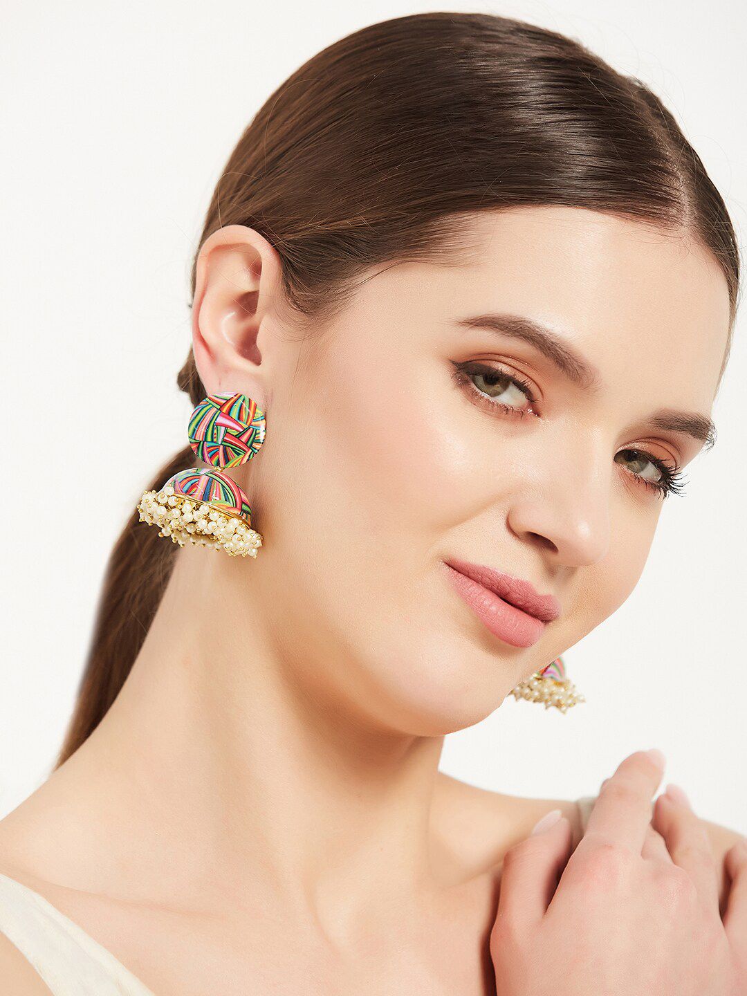 ATIBELLE Set Of 3 Gold Plated Artificial Beads Meenakari Contemporary Jhumkas