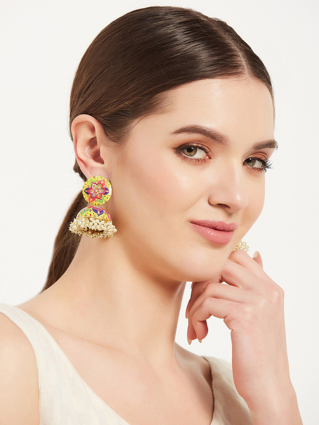 ATIBELLE Set Of 3 Gold Plated Artificial Beads Meenakari Contemporary Jhumkas