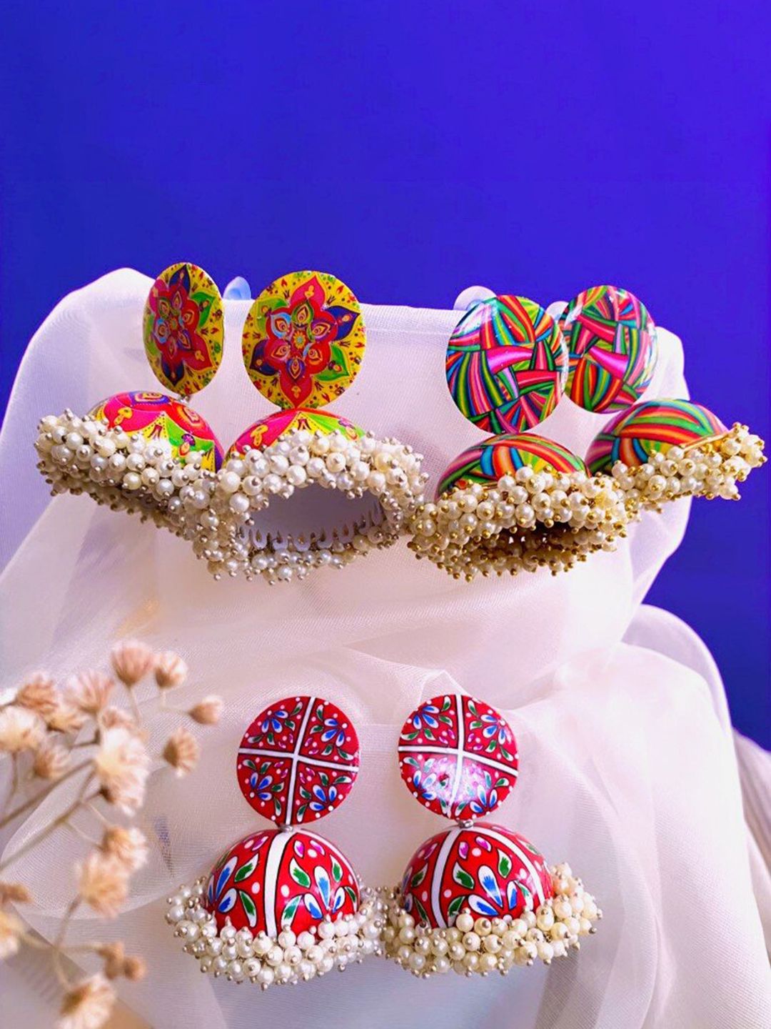 ATIBELLE Set Of 3 Gold Plated Artificial Beads Meenakari Contemporary Jhumkas