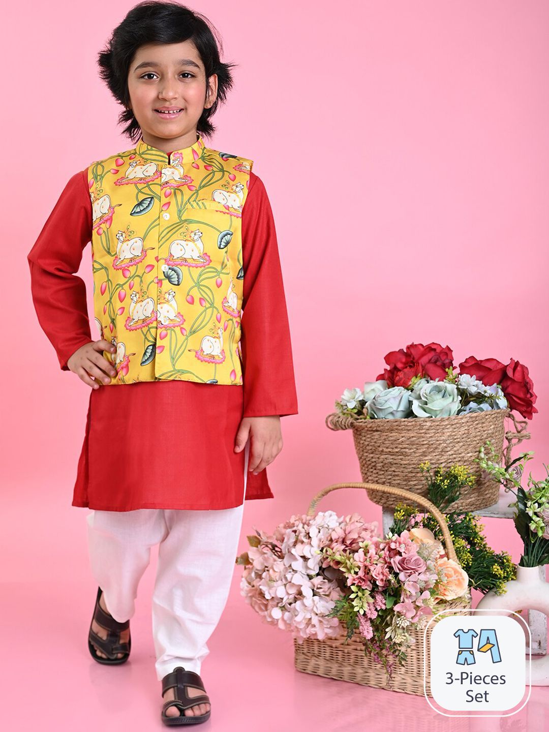 SAKA DESIGNS Boys Mandarin Collar Regular Pure Cotton Kurta With Pyjamas & Jacket-picture-54