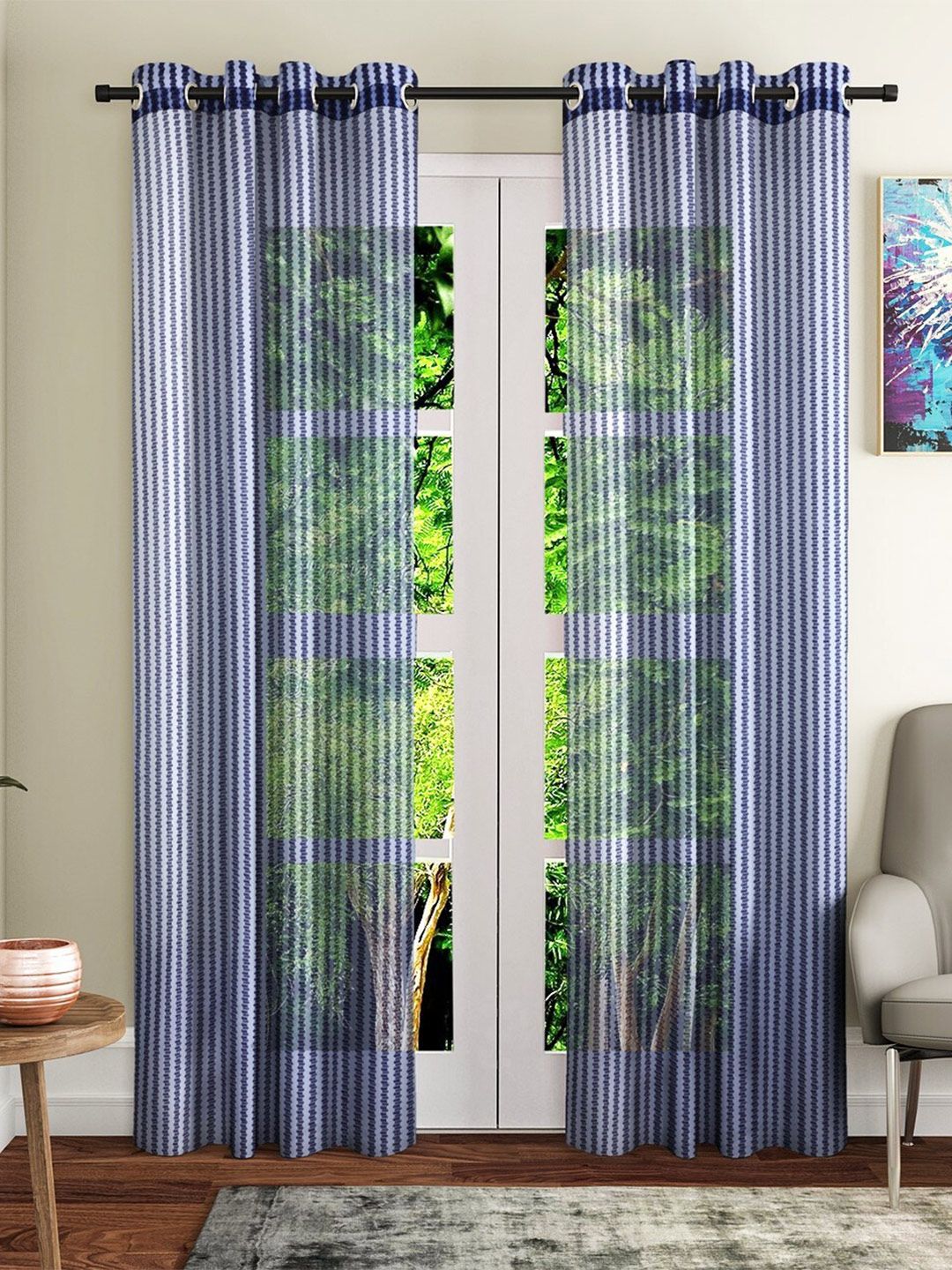 Fashion String Blue 2 Pieces Geometric Printed Sheer Window Curtains-picture-10