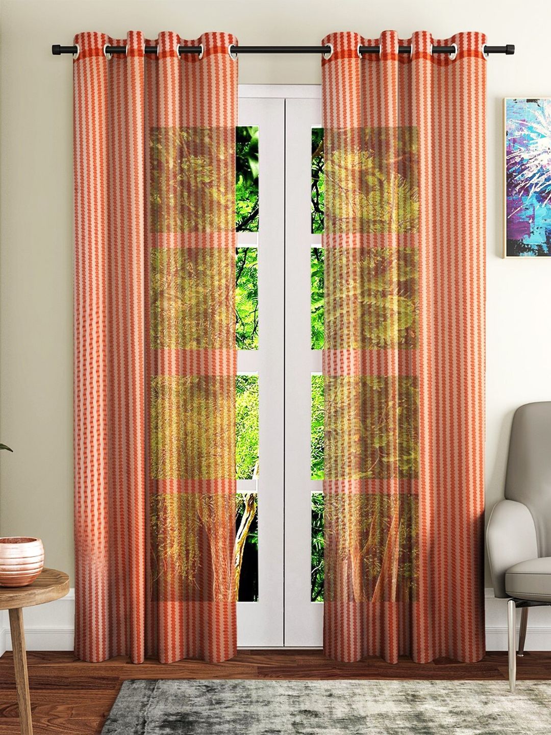 Fashion String Rust & Peach 2 Pieces Geometric Printed Sheer Window Curtains